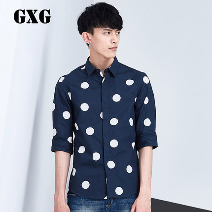 时尚印花！GXG藏青色斯文中袖波点衬衫#52223155