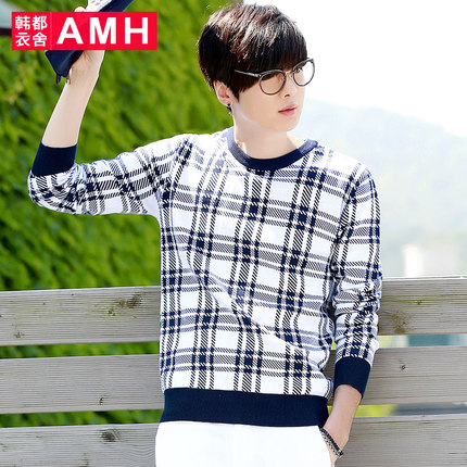 英伦格子！AMH男士圆领时尚休闲格子针织衫OT4060