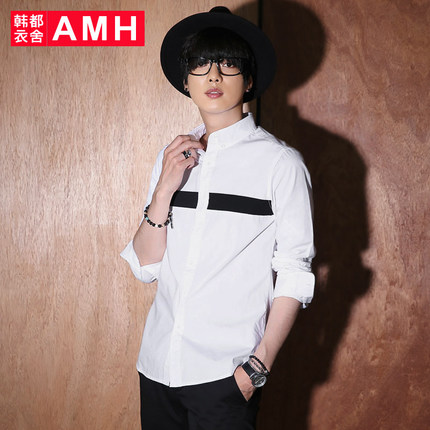 拼接设计！AMH男士扣领尖领修身拼接长袖衬衫OE5390