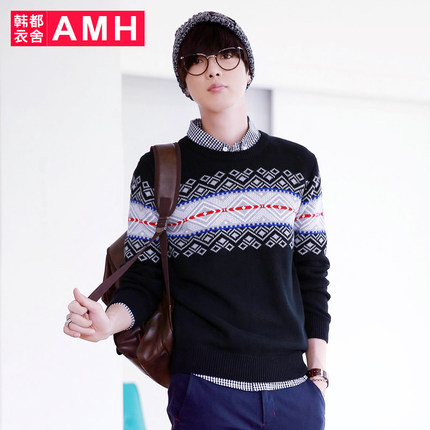 简约百搭！AMH新款圆领修身几何图案提花男士毛衣OE3250