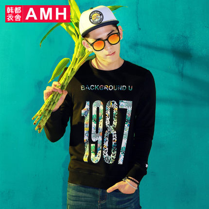 个性印花！AMH新款时尚印花修身圆领卫衣GR5005