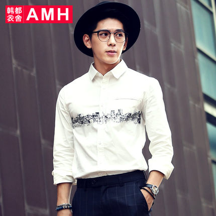 潮流单品！AMH新款修身尖领休闲印花男士长袖衬衫OF5201