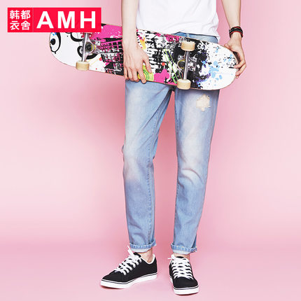白菜价！AMH修身小脚男士破洞9分牛仔裤NX4691