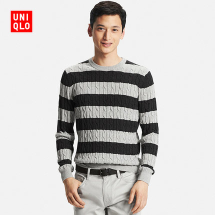 时尚感！UNIQLO优衣库棉混纺纽花圆领针织衫174438