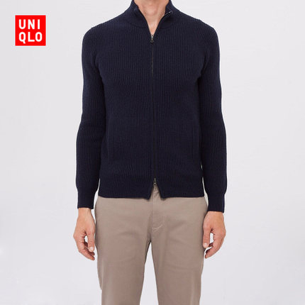 三色可选！优衣库 羊仔毛混纺罗纹拉链针织衫 126256