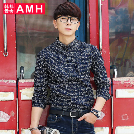 好穿好搭！AMH时尚印花修身男士长袖衬衫PF5065