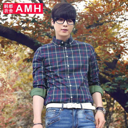 时尚百搭！AMH修身格纹长袖衬衫QZ3532