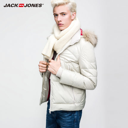 超值特惠！杰克琼斯男保暖修身连帽毛领短款羽绒服S|215412003