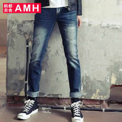 舒适面料！AMH修身水洗小脚贴布男士牛仔长裤PF5006