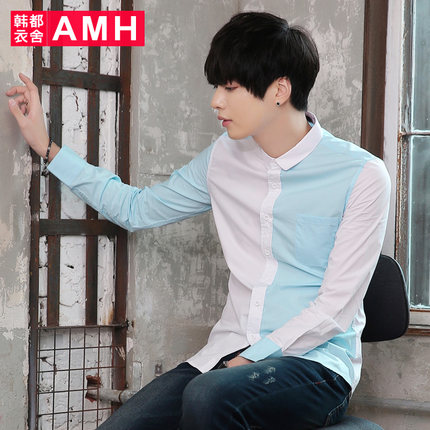 全网好价！AMH新款方领拼接色修身休闲长袖衬衫QO4902