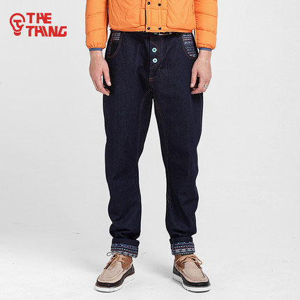 嘻哈有型！THETHING 男款拼接撞色牛仔裤
