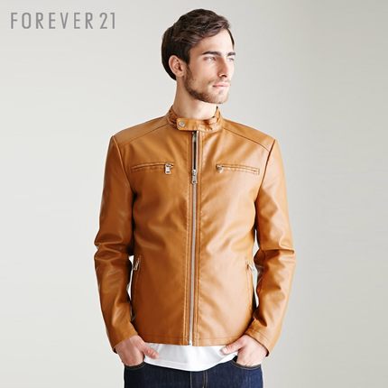 限时5折！FOREVER21 男士仿皮立领机车夹克外套