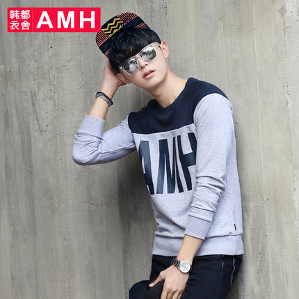 字母印花！AMH修身拼接印花男士套头长袖T恤NQ5615