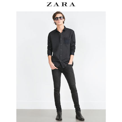 新低价！ZARA 男士拼接牛仔和府绸衬衫 06387300800