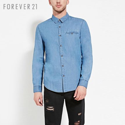 百搭款！FOREVER21 男士修身牛仔长袖衬衫