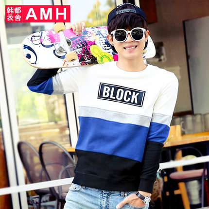 青春活力！AMH时尚字母拼接圆领套头男士卫衣PF5057