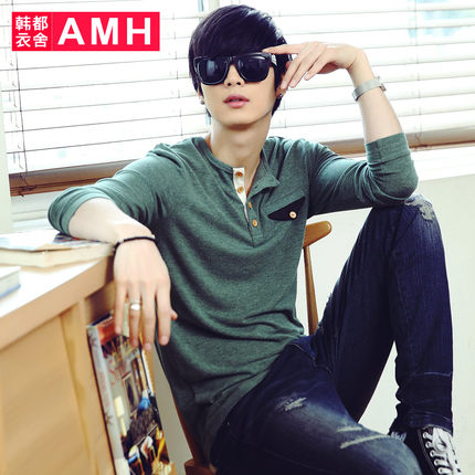 字母印花！AMH门筒领修身撞色男款微弹长袖T恤QA2354