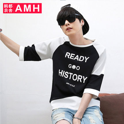 黑白配!AMH拼接印花短袖T恤