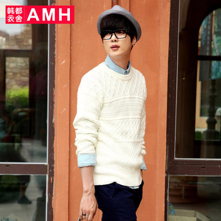 休闲简洁！AMH修身图案男士圆领套头毛衣OD3179