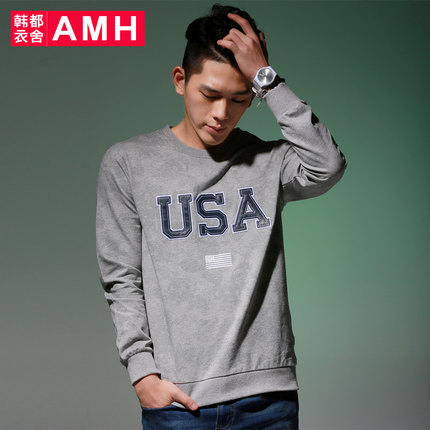 简约时尚！AMH新款男士圆领修身贴布印花卫衣OC4265