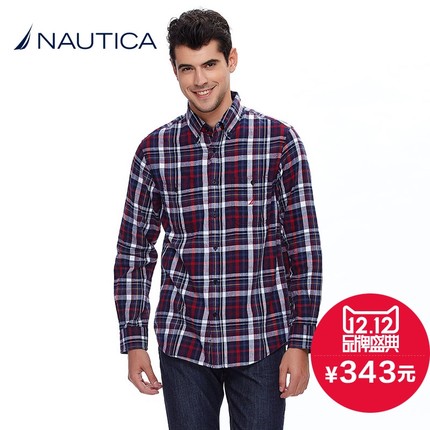 经典格纹！Nautica诺帝卡男式ESAD格子长袖衬衫W34314