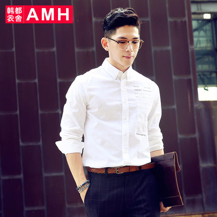 字母印花！AMH新款修身百搭纯色印花男士长袖衬衫NX4942
