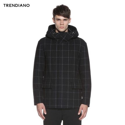 保暖有型！TRENDIANO格子连帽羊毛呢外套3154343340
