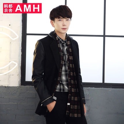 设计简约！AMH新款时尚修身PU拼接男毛呢西服GR4075