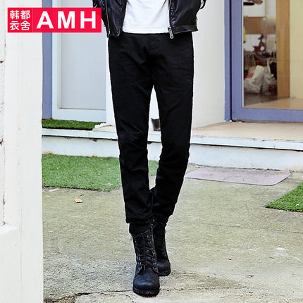 百搭款式！AMH新款纯色修身罗纹拼接男士休闲长裤QA2391