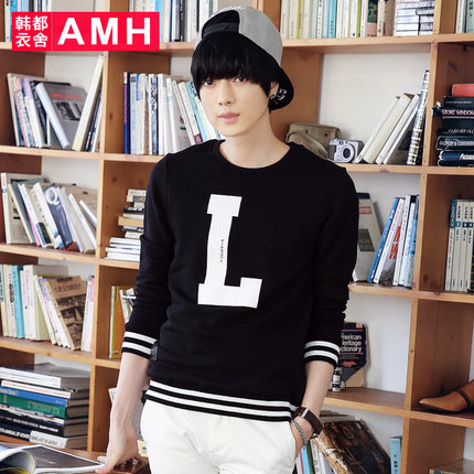 个性印花！AMH新款男士套头修身圆领印花卫衣OC6102