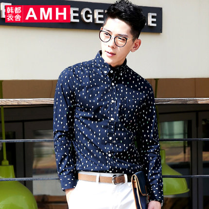 个性图案！AMH修身时尚满印男士长袖衬衫NZ3725