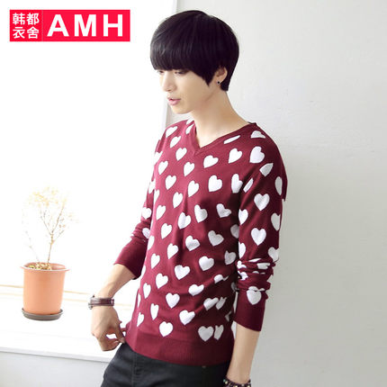 舒适体验！AMH V领套头心形图案修身长袖毛衣OE3229