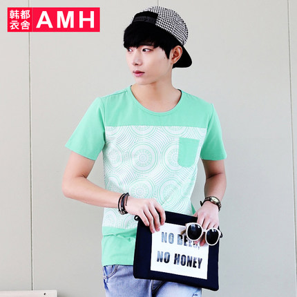 薄荷凉夏!AMH圆领印花男士短袖