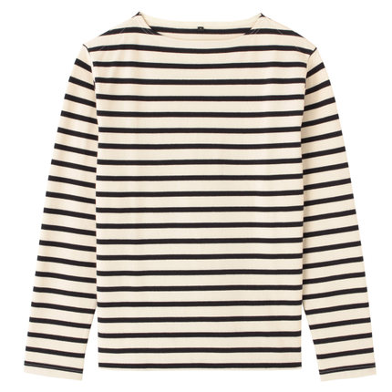 休闲好搭！MUJI无印良品男式棉条纹一字领长袖T恤M4AB606