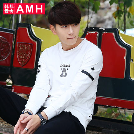 简约百搭！AMH新款套头修身圆领印花休闲男士卫衣QA5055