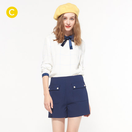 海军风！cachecache2016春新款学院风蓝白格蝴蝶结雪纺衬衫