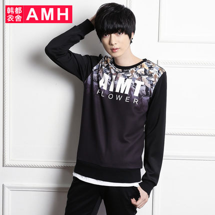 春季必备！AMH圆领套头字母印花长袖T恤QZ4194