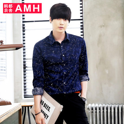 星空印花！AMH新款修身青年修身印花男士长袖衬衫OF5031