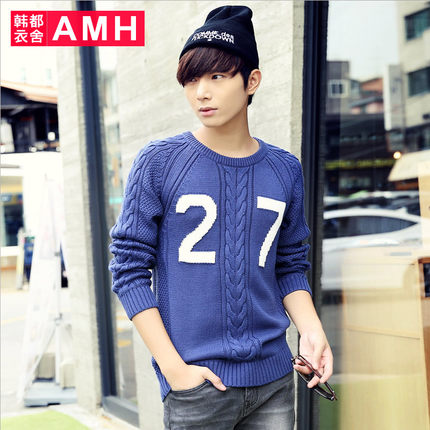 简洁设计！AMH圆领双色修身长袖毛衣QZ3235