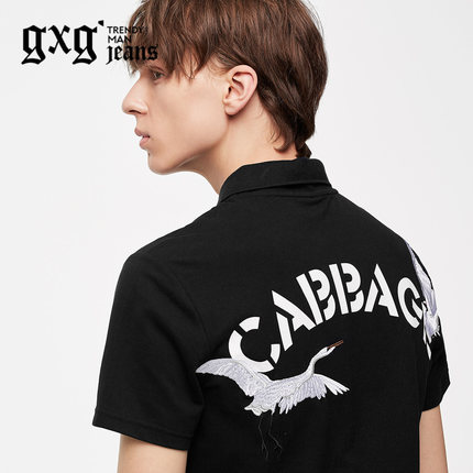 灵动刺绣！gxgjeans男刺绣黑色纯棉休闲POLO衫