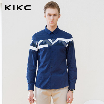 新低！kikc 2016春季男装新品 撞色拼接男士休闲长袖衬衫
