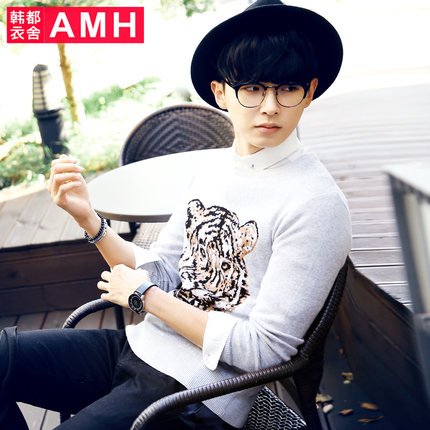 虎头提花！AMH百搭时尚图案圆领修身男毛衣LL4644