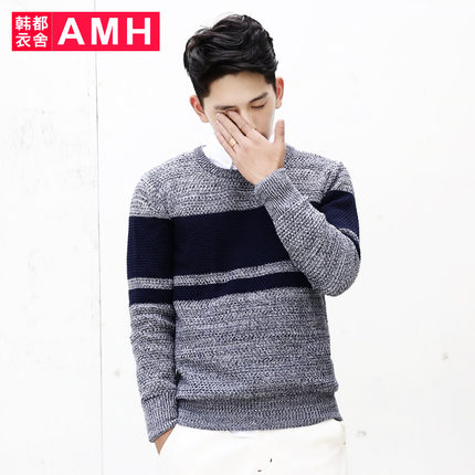 全网好价！AMH新款修身圆领套头拼接男士长袖毛衣NR4756