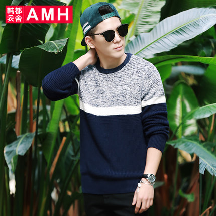 新低！AMH男士圆领拼接修身针织衫OT5245