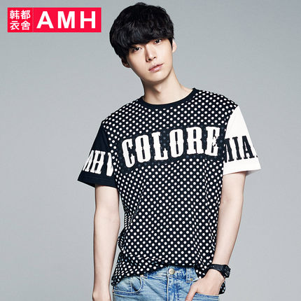 波点印花!AMH圆领字母印花波点拼接短袖
