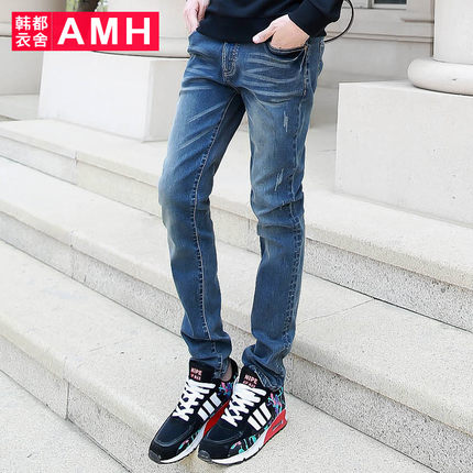 简约时尚！AMH男士中腰修身刺绣牛仔裤OT3462