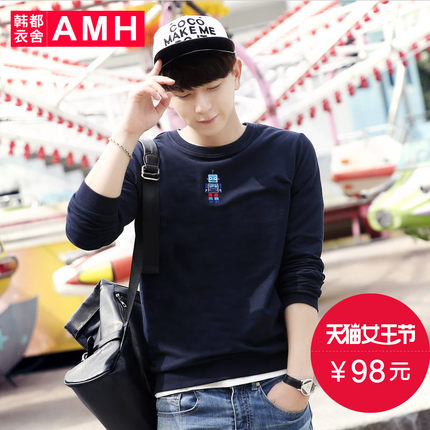 青春活力！AMH新款圆领修身刺绣纯棉套头卫衣NR5112