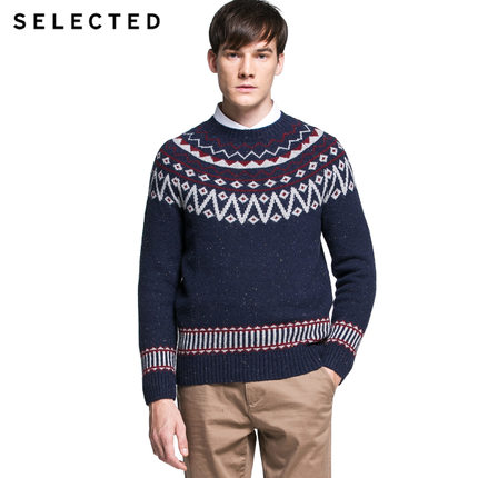 简约舒适！SELECTED 男士含羊毛复古花纹毛衣F|415425020