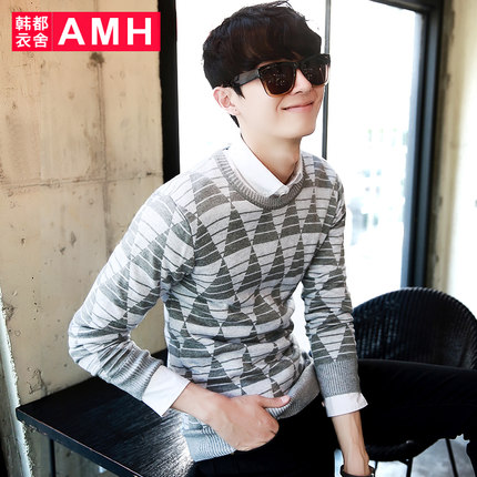 青春活力！AMH新款几何图案修身圆领男士毛衣PM4633