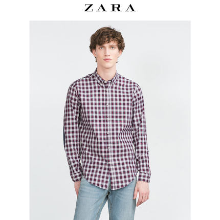休闲百搭！ZARA男装肘饰格纹衬衫06608402401